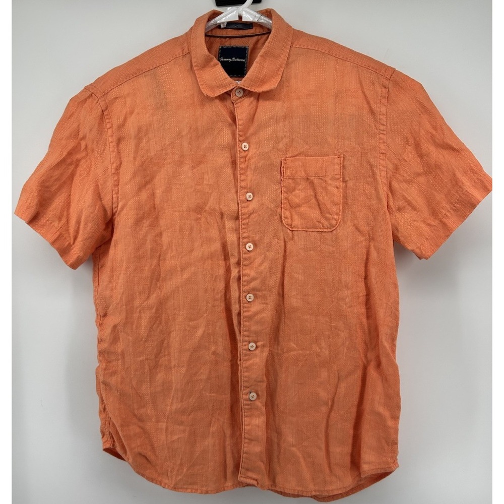Tommy Bahama 100% Linen Short Sleeve Button Down Shirt Orange Men's XL